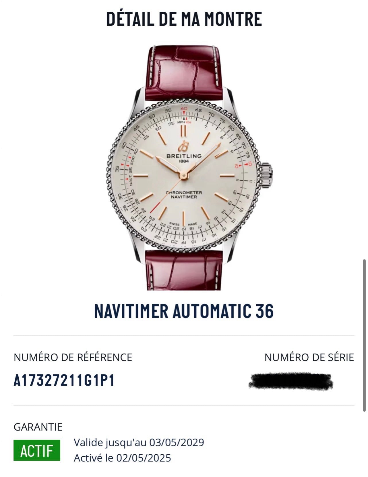 Montre Breitling Navitimer A17327211G1P1 pour femme, modèle automatique en acier de 36 mm avec cadran argent sans chiffres et verre saphir. Cette montre de luxe dispose du calibre Breitling 17 avec une réserve de marche de 38 heures. Elle est équipée d’un bracelet en cuir bordeaux avec boucle déployante en acier. Montre étanche à 3 ATM, état neuf, jamais portée, sans coffret ni papiers d’origine.