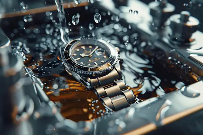 Montre de luxe en acier inoxydable plongée dans un bain à ultrasons pour un nettoyage en profondeur, avec gouttes d’eau en suspension illustrant la précision et le soin apportés à l’entretien horloger haut de gamme par l’atelier de La Joaillerie Rive Gauche à Paris.